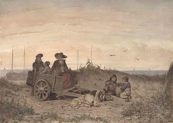 A Fishermans Family at the Beach, the Mother and One of the Children Sitting in a Cart