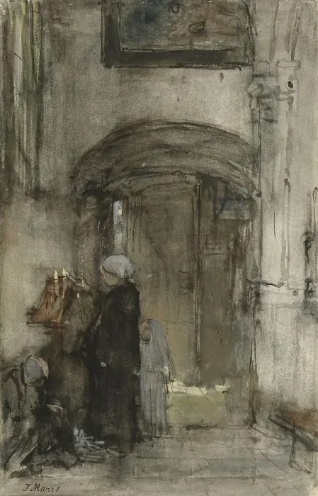 Framed Print : Fisherman's wife with her daughter as a bride lights a church candle, 1847-1899. Creator: Jacob Henricus Maris