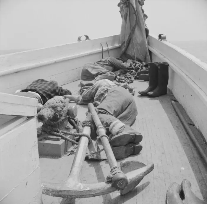 Framed Print : A fishermans work is hard and many times they fall exhausted... Gloucester, Massachusetts, 1943. Creator: Gordon Parks Framed Print : A fishermans work is hard and many times they fall exhausted... Gloucester, Massachusetts, 1943. Creator: Gordon Parks