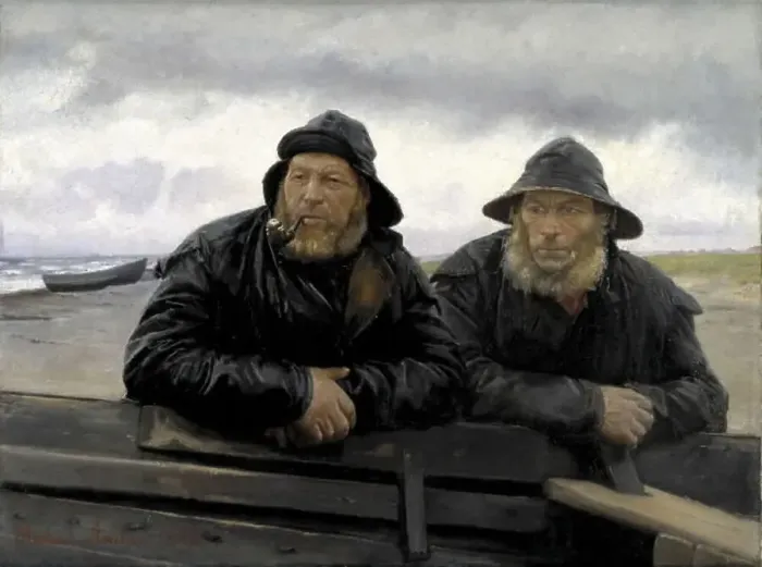 Framed Print : Two Fishermen beside a Boat, 1889. Creator: Michael Peter Ancher Framed Print : Two Fishermen beside a Boat, 1889. Creator: Michael Peter Ancher