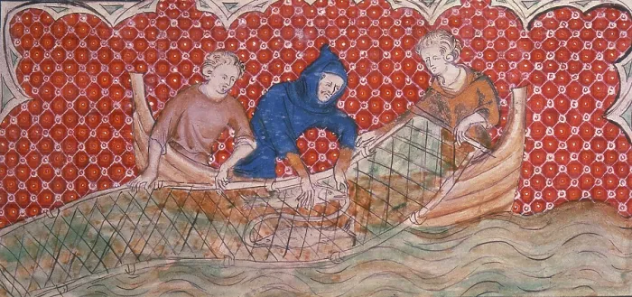 Framed Print : Three fishermen hauling in their catch, c1300-c1325. Creator: Unknown Framed Print : Three fishermen hauling in their catch, c1300-c1325. Creator: Unknown