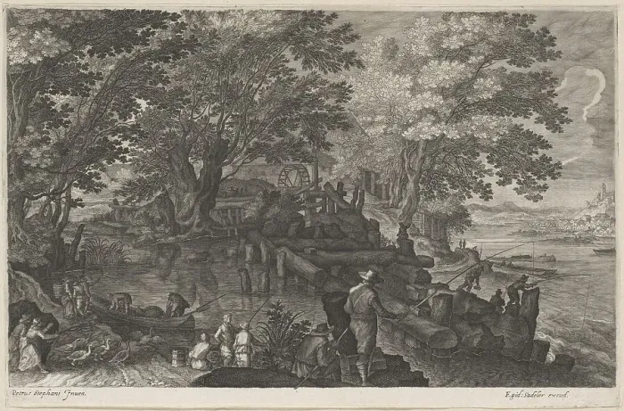 Framed Print : Fishermen by an Island Watermill, 1610 / 1615. Creators: Aegidius Sadeler II, Pieter Stevens Framed Print : Fishermen by an Island Watermill, 1610 / 1615. Creators: Aegidius Sadeler II, Pieter Stevens