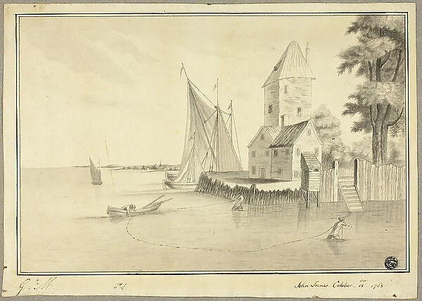 Fishermen Mooring Boat at Landing, 1768. Creator: John Innes