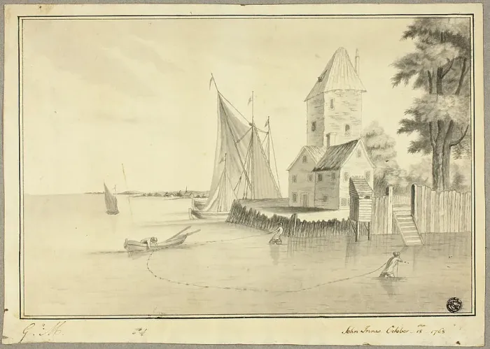 Framed Print : Fishermen Mooring Boat at Landing, 1768. Creator: John Innes Framed Print : Fishermen Mooring Boat at Landing, 1768. Creator: John Innes