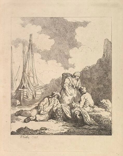 Fishermen by the Shore - Coastal Scene with a Man Sitting on the Ground Resting an Elbow