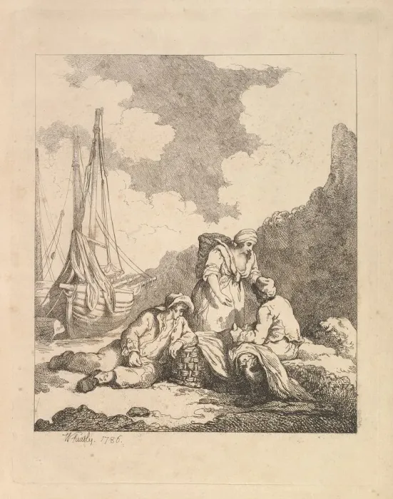 Framed Print : Fishermen by the Shore - Coastal Scene with a Man Sitting on the Ground Resting an Elbow Framed Print : Fishermen by the Shore - Coastal Scene with a Man Sitting on the Ground Resting an Elbow