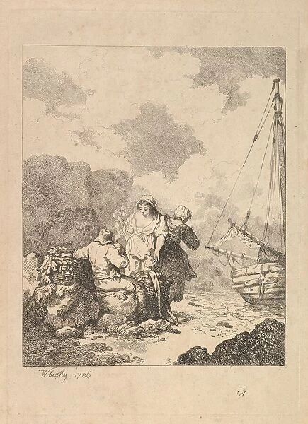 Fishermen by the Shore - Coastal Scene with a Man Sitting on Rocks and Smoking a Pipe
