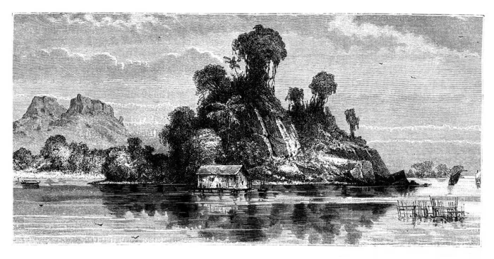 Framed Print : Fishermens huts, Borneo, 19th century. Artist: T Weber Framed Print : Fishermens huts, Borneo, 19th century. Artist: T Weber