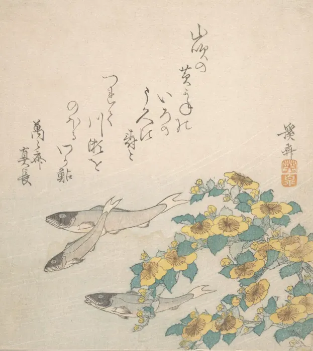 Framed Print : Fishes Swimming with Yellow Flowers, ca. 1830. Creator: Ikeda Eisen Framed Print : Fishes Swimming with Yellow Flowers, ca. 1830. Creator: Ikeda Eisen
