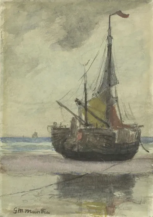 Framed Print : Fishing boat on the beach with reefed sail, 1885-1960. Creator: Gerhard Munthe