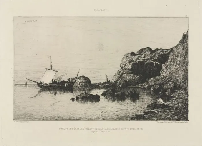 Framed Print : Fishing boat making a port of call at the rocks of Collioure, 1878. Creator: Adolphe Appian Framed Print : Fishing boat making a port of call at the rocks of Collioure, 1878. Creator: Adolphe Appian