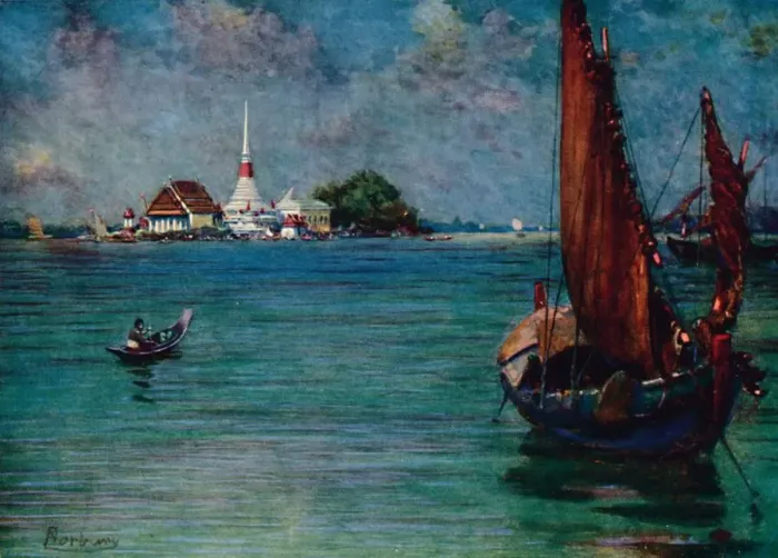 Framed Print : A Fishing Boat Off the Island Pagoda of Paknam, 1913. Artist: Edwin Norbury Framed Print : A Fishing Boat Off the Island Pagoda of Paknam, 1913. Artist: Edwin Norbury