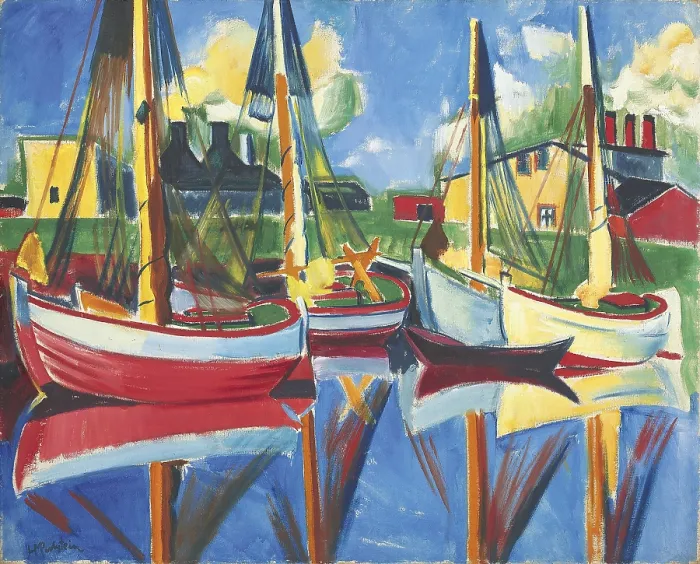 Framed Print : Fishing boats in the afternoon sun, 1921. Creator: Max Pechstein Framed Print : Fishing boats in the afternoon sun, 1921. Creator: Max Pechstein