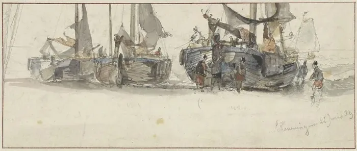 Framed Print : Fishing boats on the beach of Scheveningen, 1839. Creator: Willem Roelofs Framed Print : Fishing boats on the beach of Scheveningen, 1839. Creator: Willem Roelofs