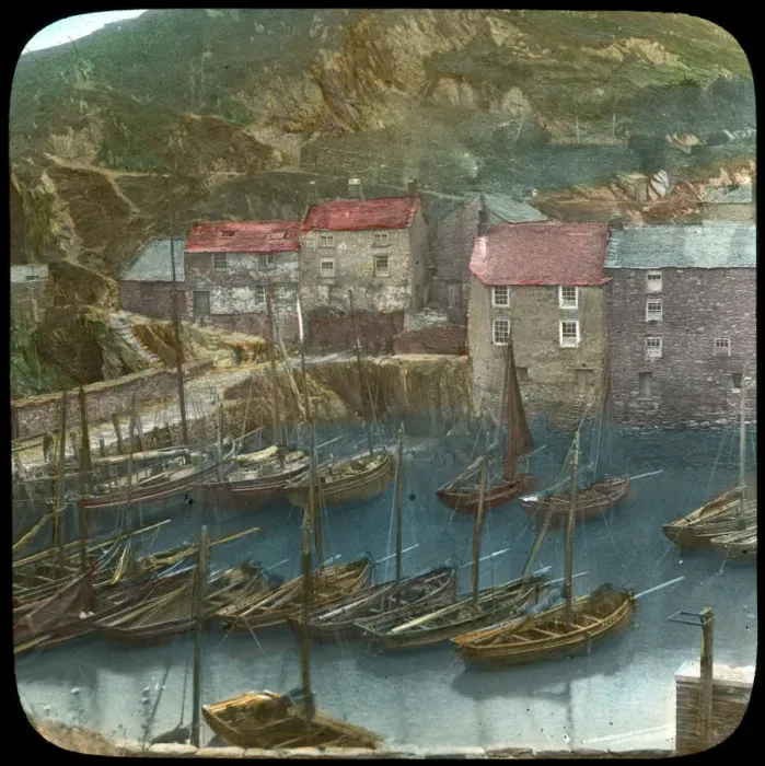 Framed Print : Fishing boats in the harbour, Polperro, Cornwall, late 19th or early 20th century. Artist: Church Army Lantern Department Framed Print : Fishing boats in the harbour, Polperro, Cornwall, late 19th or early 20th century. Artist: Church Army Lantern Department