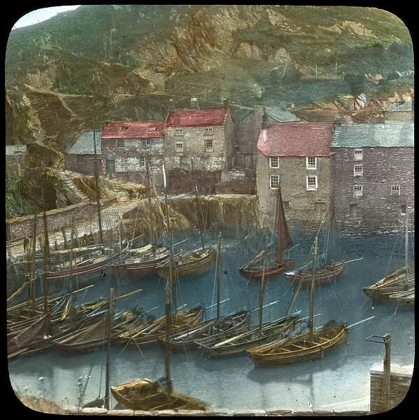 Fishing boats in the harbour, Polperro, Cornwall, late 19th or early 20th century. Artist: Church Army Lantern Department