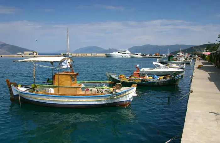 Framed Print : Fishing boats moored alongside the quay, Sami, Kefalonia, Greece Framed Print : Fishing boats moored alongside the quay, Sami, Kefalonia, Greece