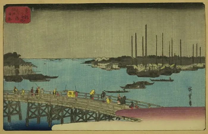 Framed Print : Fishing Boats near Eitai Bridge in Tsukuda Bay (Eitaibashi Tsukuda oki isaribune)... c. 1852 / 58. Creator: Ando Hiroshige Framed Print : Fishing Boats near Eitai Bridge in Tsukuda Bay (Eitaibashi Tsukuda oki isaribune)... c. 1852 / 58. Creator: Ando Hiroshige