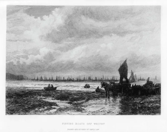 Framed Print : Fishing boats off Whitby, North Yorkshire, 19th century. Artist: David Law Framed Print : Fishing boats off Whitby, North Yorkshire, 19th century. Artist: David Law