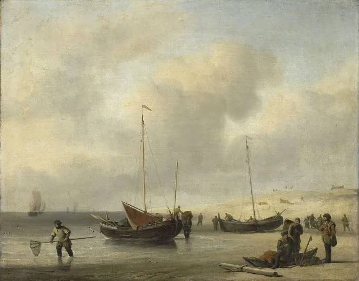Framed Print : Fishing Boats on Shore (The Shore, Unloading a Fishing Smack), 1650-1707. Creator: Willem van de Velde the Younger Framed Print : Fishing Boats on Shore (The Shore, Unloading a Fishing Smack), 1650-1707. Creator: Willem van de Velde the Younger