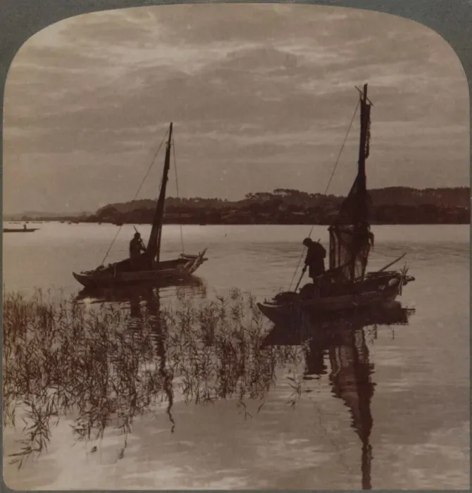 Framed Print : Fishing boats at sunset across Tamagawa to Kawasaki, near Yokohama, Japan, 1904 Framed Print : Fishing boats at sunset across Tamagawa to Kawasaki, near Yokohama, Japan, 1904