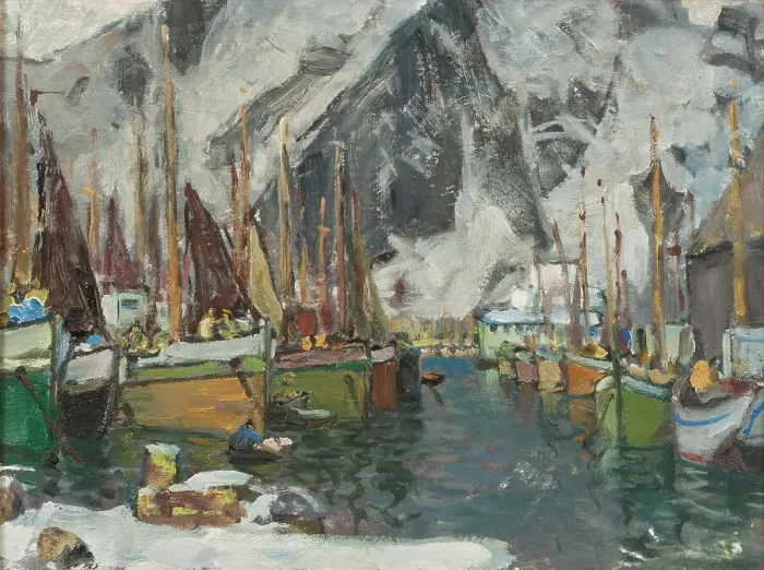 Framed Print : Among the Fishing Boats in Svolvaer. Study from Lofoten, 1934. Creator: Anna Katarina Boberg Framed Print : Among the Fishing Boats in Svolvaer. Study from Lofoten, 1934. Creator: Anna Katarina Boberg