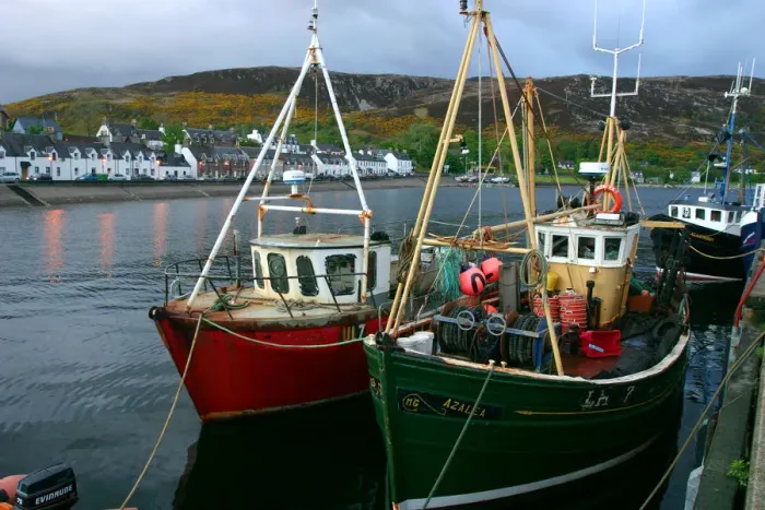 Framed Print : Fishing boats in Ullapool harbour at night, Highland, Scotland Framed Print : Fishing boats in Ullapool harbour at night, Highland, Scotland