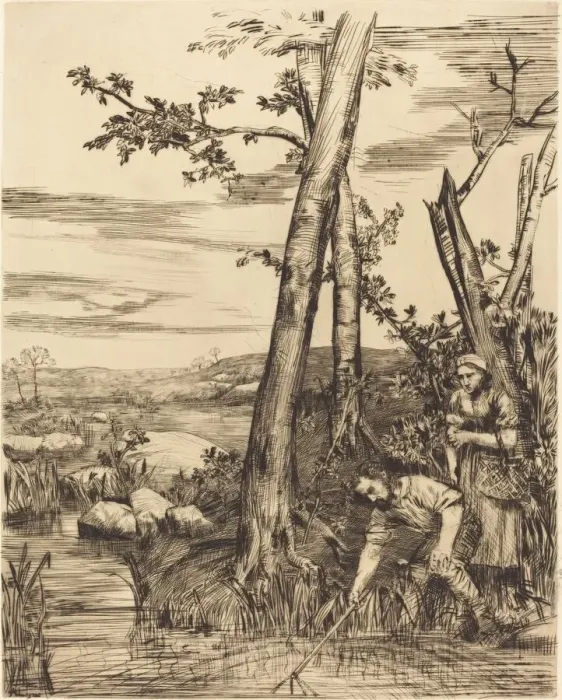 Framed Print : Fishing for Crayfish (Les pecheurs d ecrevisses). Creator: Alphonse Legros Framed Print : Fishing for Crayfish (Les pecheurs d ecrevisses). Creator: Alphonse Legros