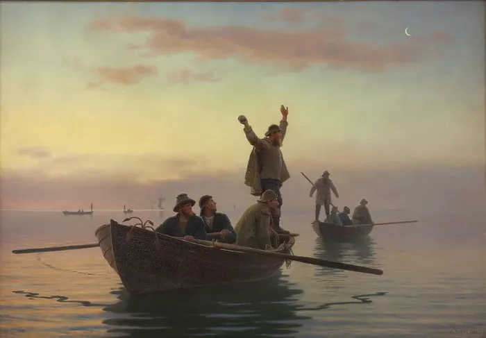 Framed Print : Fishing with drift net, early morning, 1880. Creator: Anton Laurids Johannes Dorph Framed Print : Fishing with drift net, early morning, 1880. Creator: Anton Laurids Johannes Dorph