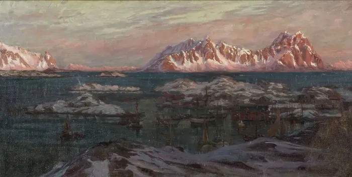 Framed Print : Fishing Harbour with Sunlit Mountains. Study from North Norway, c1900s. Creator: Anna Katarina Boberg Framed Print : Fishing Harbour with Sunlit Mountains. Study from North Norway, c1900s. Creator: Anna Katarina Boberg