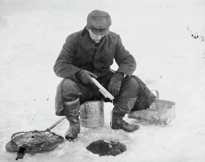 Framed Print : Fishing thru ice, between c1910 and c1915. Creator: Bain News Service Framed Print : Fishing thru ice, between c1910 and c1915. Creator: Bain News Service