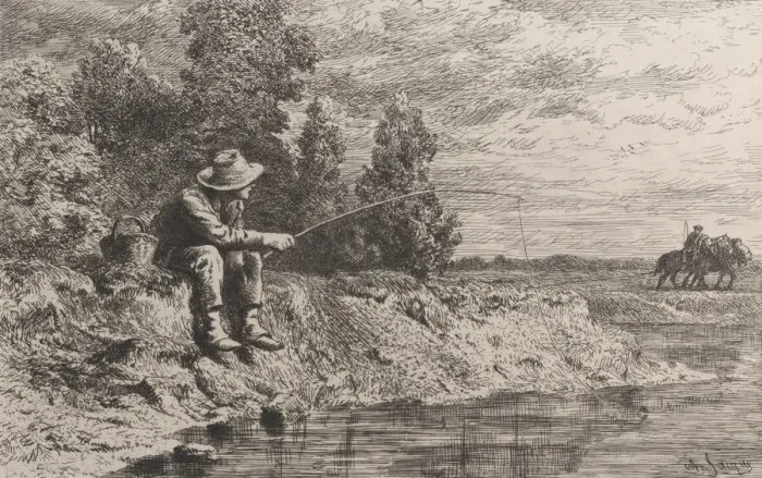 Framed Print : Fishing for Roach, 1865. Creator: Charles Emile Jacque Framed Print : Fishing for Roach, 1865. Creator: Charles Emile Jacque