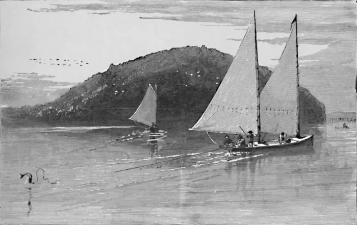 Framed Print : Fishing from a sail-boat, 1883 Framed Print : Fishing from a sail-boat, 1883