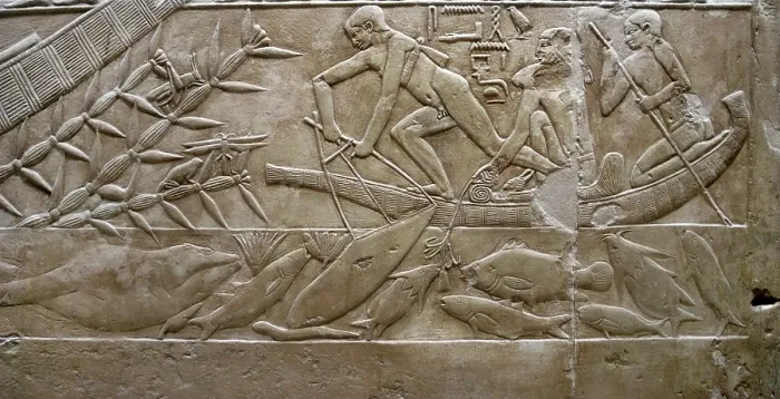 Framed Print : Fishing scene relief, Mastaba of Kagemni, Saqqara, Egypt, Old Kingdom, 6th Dynasty, 2350 BC (2003). Creator: Unknown Framed Print : Fishing scene relief, Mastaba of Kagemni, Saqqara, Egypt, Old Kingdom, 6th Dynasty, 2350 BC (2003). Creator: Unknown