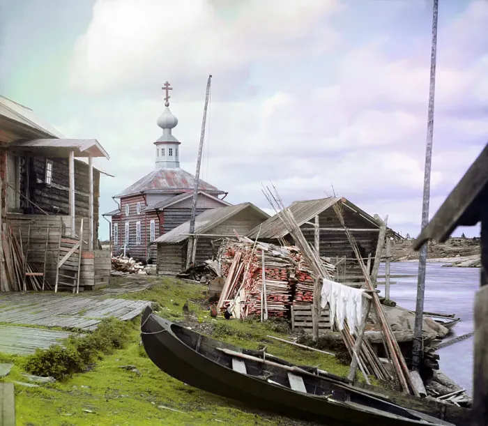 Framed Print : Fishing settlement, 1915. Creator: Sergey Mikhaylovich Prokudin-Gorsky Framed Print : Fishing settlement, 1915. Creator: Sergey Mikhaylovich Prokudin-Gorsky