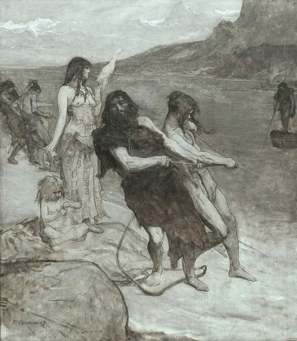 Framed Print : Fishing, sketch for the amphitheatre of palaeontology at the Museum of Natural History in Paris, 1897 Creator: Fernand Cormon Framed Print : Fishing, sketch for the amphitheatre of palaeontology at the Museum of Natural History in Paris, 1897 Creator: Fernand Cormon