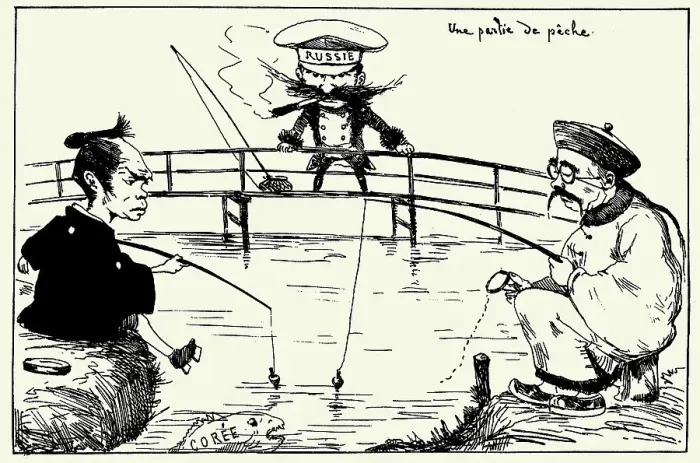 Framed Print : A fishing trip. Caricature about the dispute between China, Japan and Russia over Korea, 1887. Creator: Bigot, Georges (1860-1927) Framed Print : A fishing trip. Caricature about the dispute between China, Japan and Russia over Korea, 1887. Creator: Bigot, Georges (1860-1927)