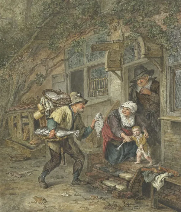 Framed Print : A fishmonger offers plaice to a schoolmaster and his family, 1763-1826. Creator: Abraham van Strij Framed Print : A fishmonger offers plaice to a schoolmaster and his family, 1763-1826. Creator: Abraham van Strij