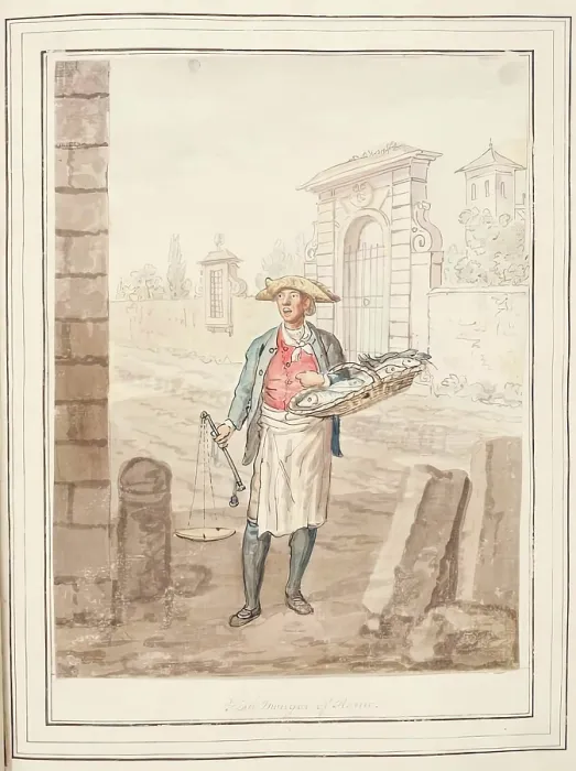 Framed Print : Fishmonger of Rome, leaf from A Collection of Dresses by David Allan Mostly from Nature, 1776 Framed Print : Fishmonger of Rome, leaf from A Collection of Dresses by David Allan Mostly from Nature, 1776