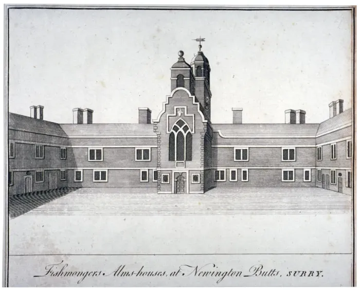 Framed Print : Fishmongers Almshouses at St Peters Hospital, Newington Butts, Southwark, London, c1750 Framed Print : Fishmongers Almshouses at St Peters Hospital, Newington Butts, Southwark, London, c1750
