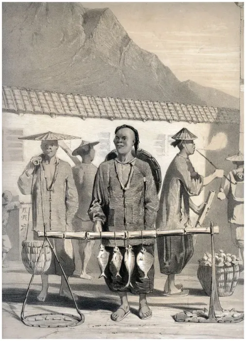 Framed Print : Fishmongers, Victoria Street, Hong Kong, china, 19th century. Artist: M & N Hanhart
