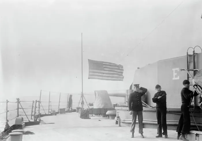 Framed Print : Flag at 1 / 2 mast on FLORIDA 1 / 13, 1913. Creator: Bain News Service Framed Print : Flag at 1 / 2 mast on FLORIDA 1 / 13, 1913. Creator: Bain News Service