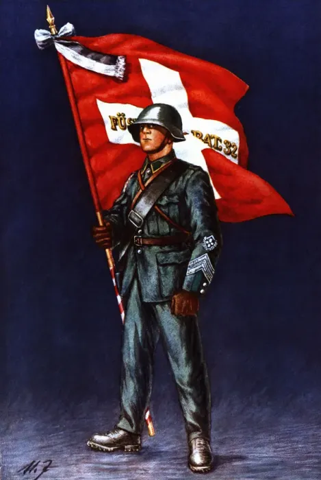 Framed Print : Flag bearer from an army battalion, c, 1940 Framed Print : Flag bearer from an army battalion, c, 1940