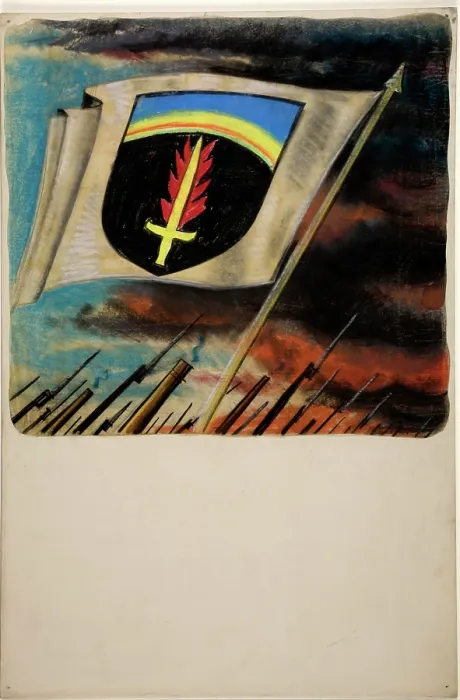 Framed Print : Flag, with flaming sword on shield motif, between 1939 and 1946. Creators: Unknown, Central Office of Information Framed Print : Flag, with flaming sword on shield motif, between 1939 and 1946. Creators: Unknown, Central Office of Information
