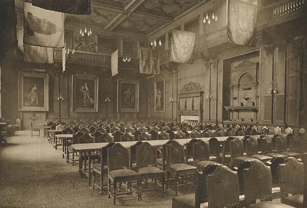 Flag-Hung Great Hall in Which the Powerful Company of Grocers Holds Its Banquets, c1935