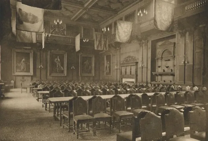 Framed Print : Flag-Hung Great Hall in Which the Powerful Company of Grocers Holds Its Banquets, c1935 Framed Print : Flag-Hung Great Hall in Which the Powerful Company of Grocers Holds Its Banquets, c1935