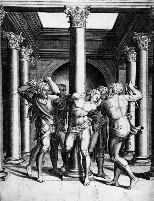 Framed Print : The Flagellation, between 1547 and 1587. Creators: Adamo Scultori, Michelangelo Buonarroti Framed Print : The Flagellation, between 1547 and 1587. Creators: Adamo Scultori, Michelangelo Buonarroti