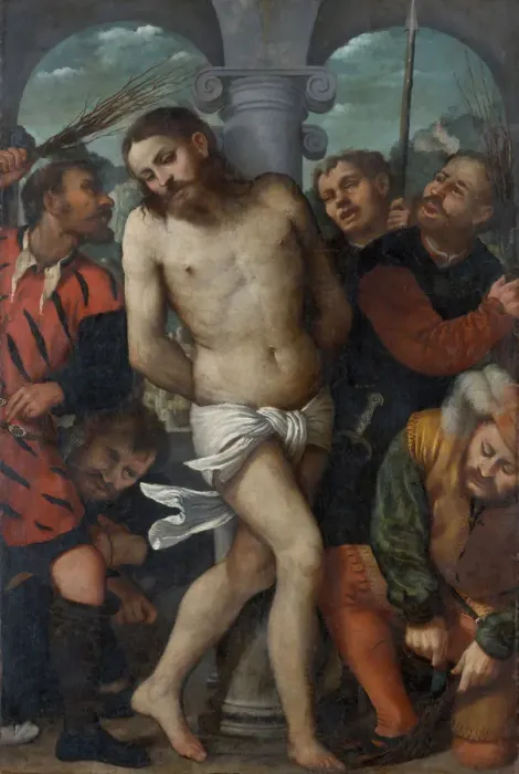 Framed Print : The Flagellation; (reverse) The Madonna of Mercy, ca. 1540. Creator: Romanino Framed Print : The Flagellation; (reverse) The Madonna of Mercy, ca. 1540. Creator: Romanino