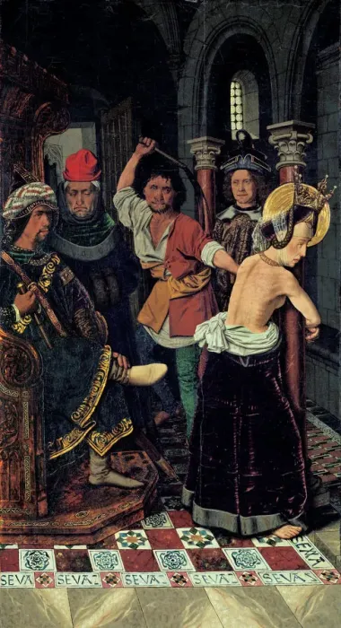 Framed Print : The Flagellation of Saint Engratia, ca 1475. Artist: Bermejo, Bartolome (ca 1440-ca 1498) Framed Print : The Flagellation of Saint Engratia, ca 1475. Artist: Bermejo, Bartolome (ca 1440-ca 1498)