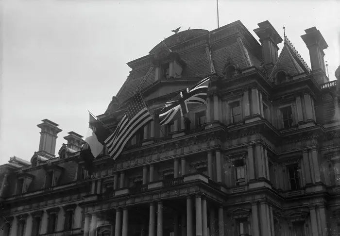 Framed Print : Flags - American, British, And French Flags On State Department. Visit of Allied Commission, 1917. Creator: Harris & Ewing. Flags - American, British, And French Flags On State Department. Visit of Allied Commission, 1917 Framed Print : Flags - American, British, And French Flags On State Department. Visit of Allied Commission, 1917. Creator: Harris & Ewing. Flags - American, British, And French Flags On State Department. Visit of Allied Commission, 1917